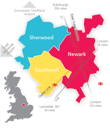 Map showing key areas within the district together with transport links