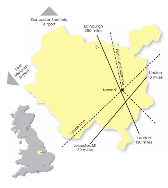 Map showing key areas within the district together with transport links