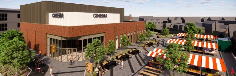 A 3D rendering of a potential cinema and market square